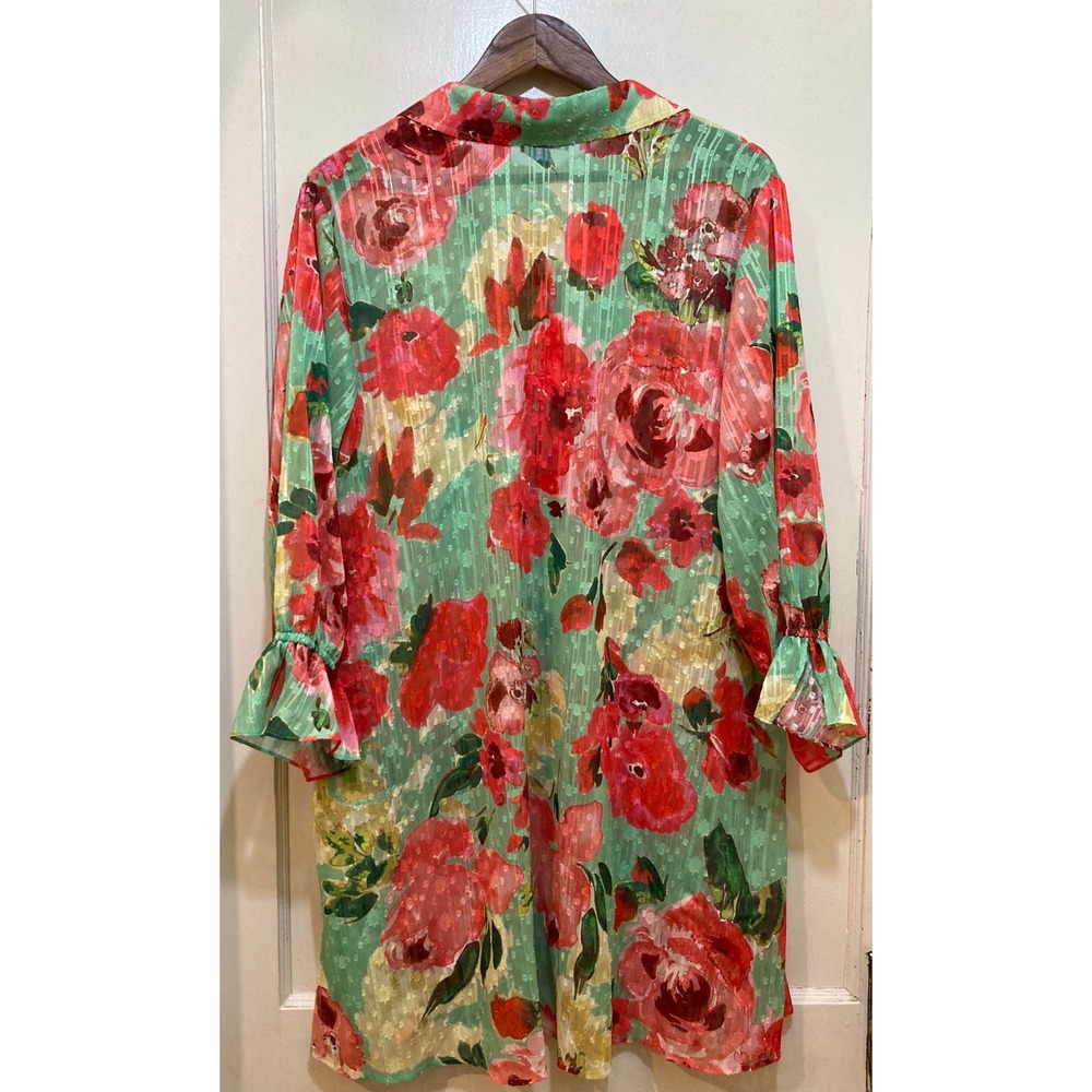 Susan Graver Womens Shirt 1XP Floral Metallic Sheer Button Tunic Romantic Garden - Picture 6 of 10